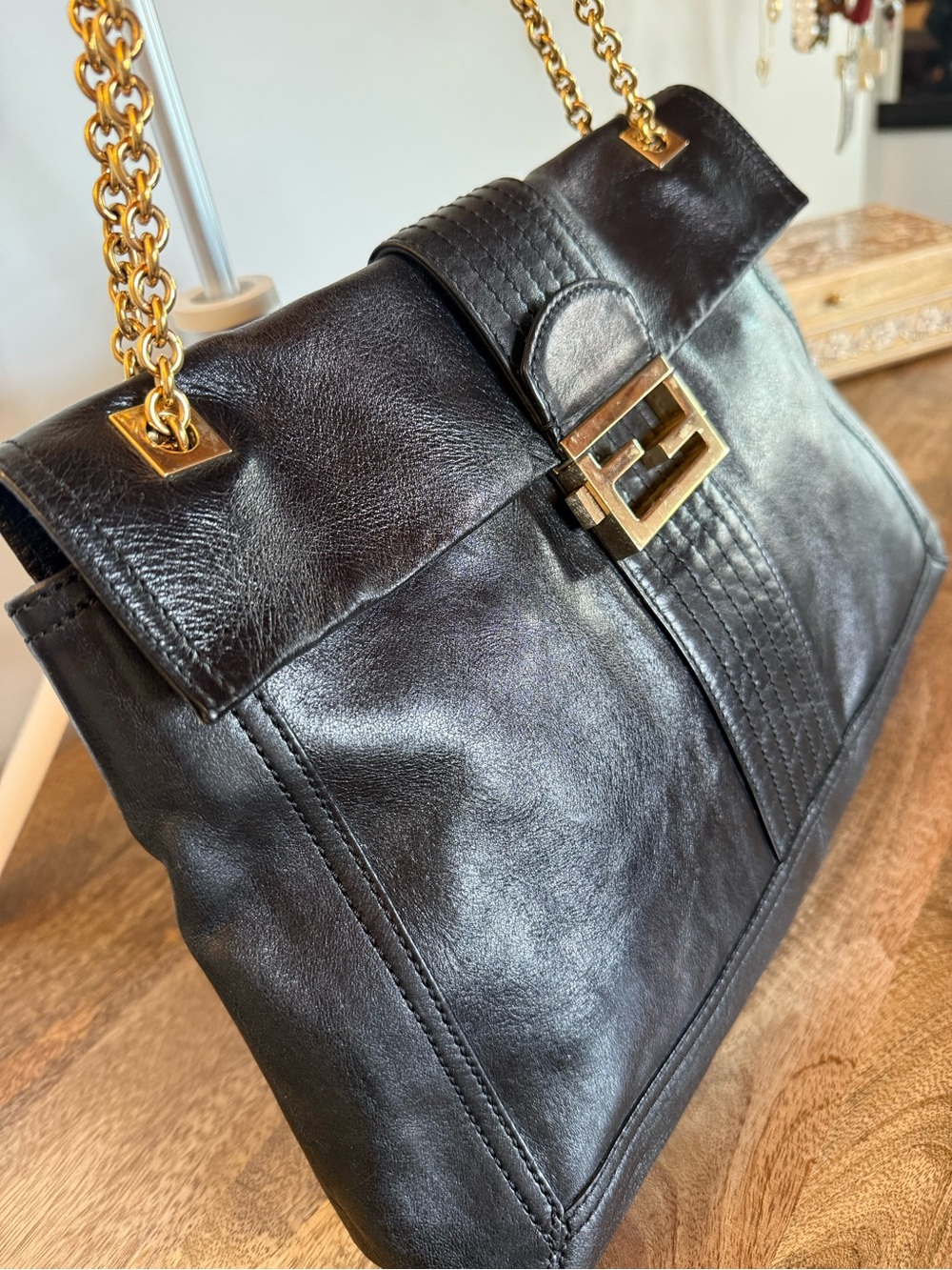 Rare Vintage Fendi Black Leather FF Flap Bag Gold Chain Shoulder Strap - Picture 7 of 17